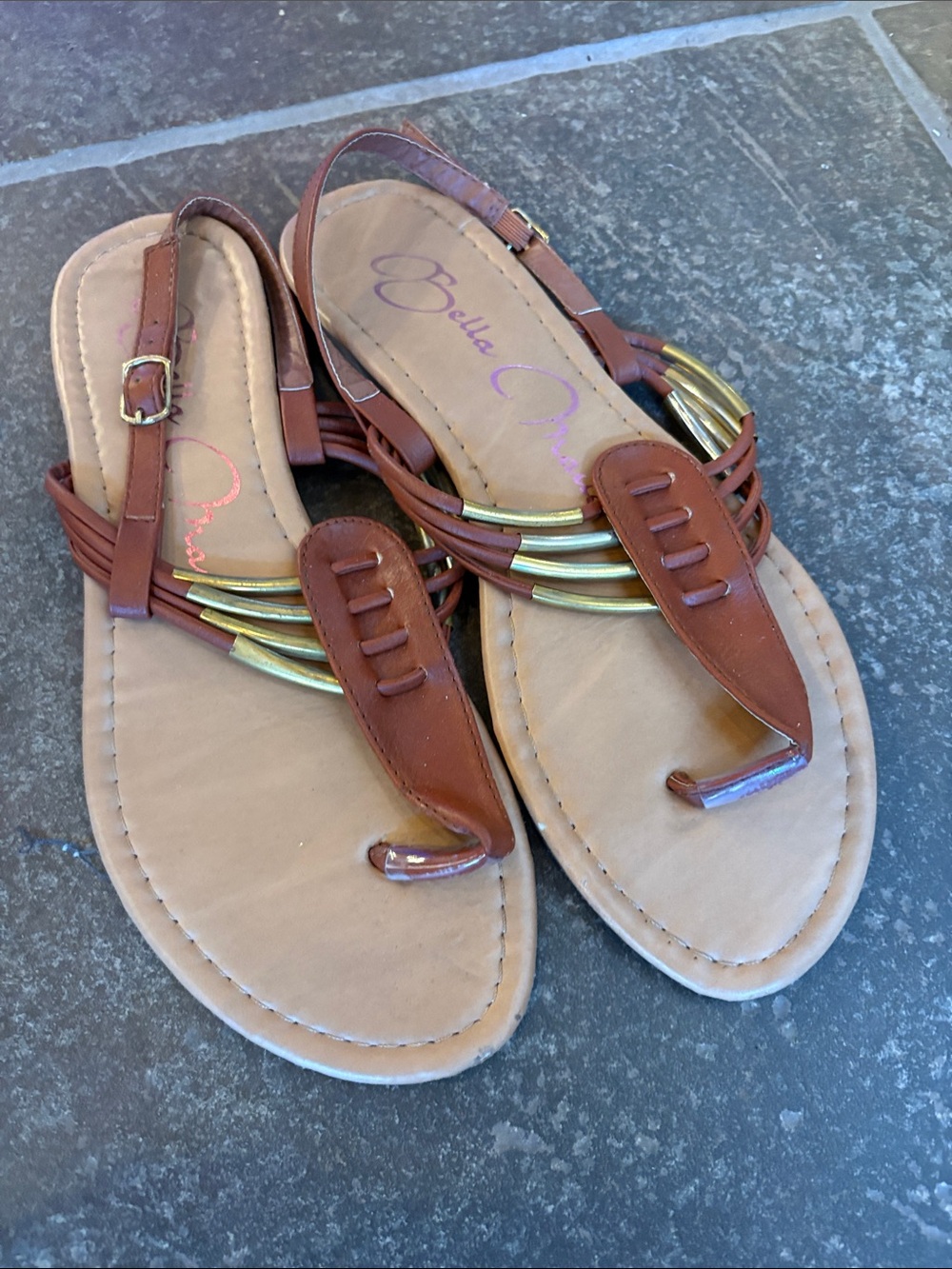 Bella Marie Brown Sandal with Gold Accent T-Strap
